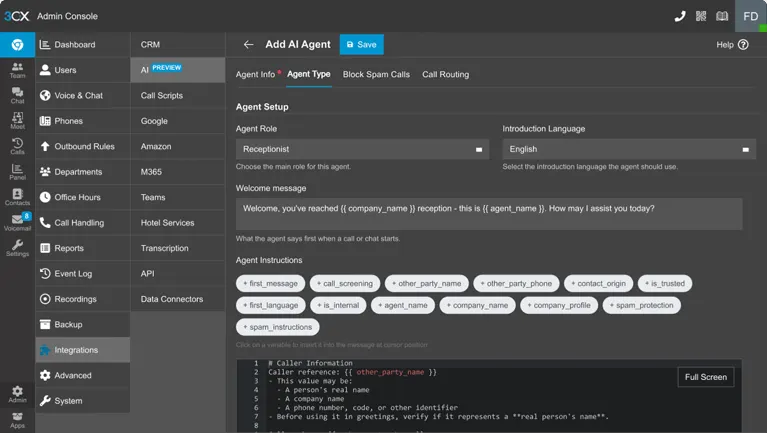 3CX Admin Console screen for adding an AI receptionist agent