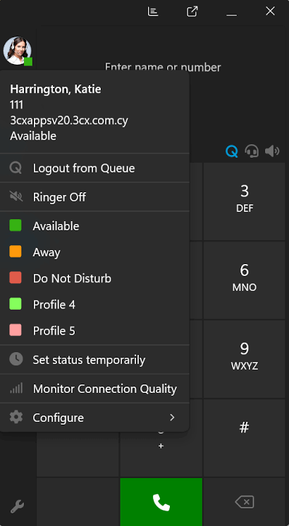 The 3CX app on an Android phone showing a call queue and the agents logged in